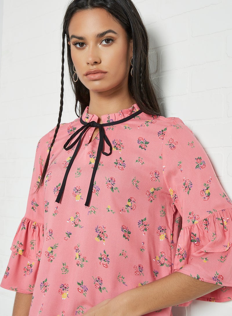 Aila Casual Floral Printed Bell Sleeve Blouse Pink Aop - Image 4