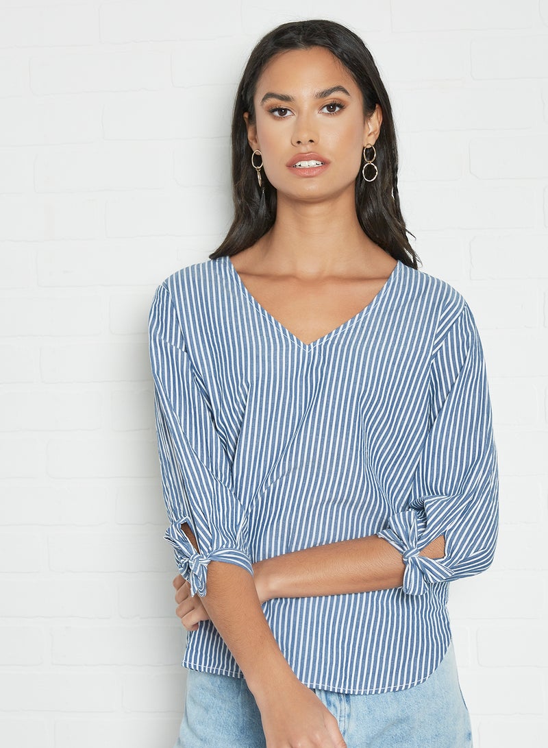 Aila Casual V-Neck Blouse Blue Stripe  - Image 1