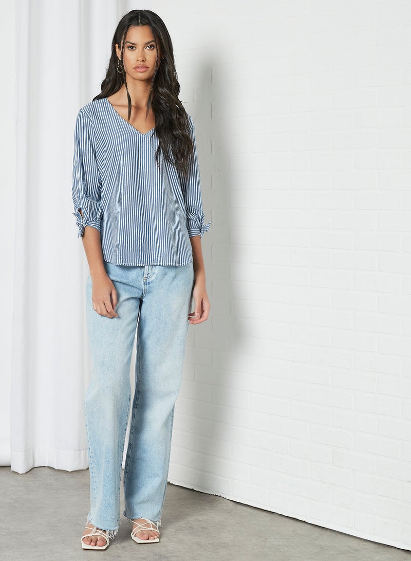 Aila Casual V-Neck Blouse Blue Stripe  - Image 2