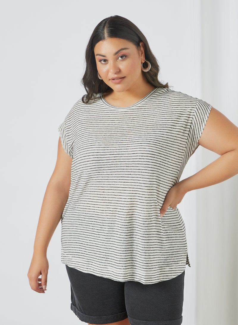 Violeta By Mango - Striped Linen T-Shirt Black - Image 1