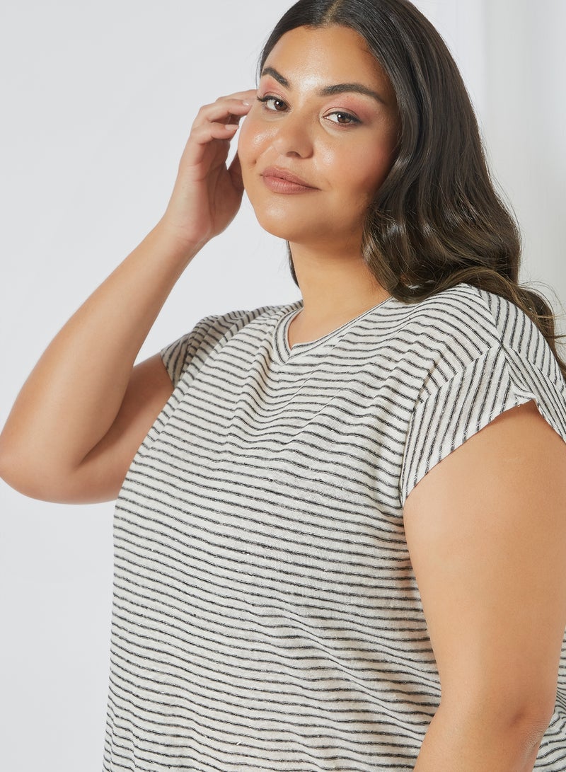 Violeta By Mango - Striped Linen T-Shirt Black - Image 1