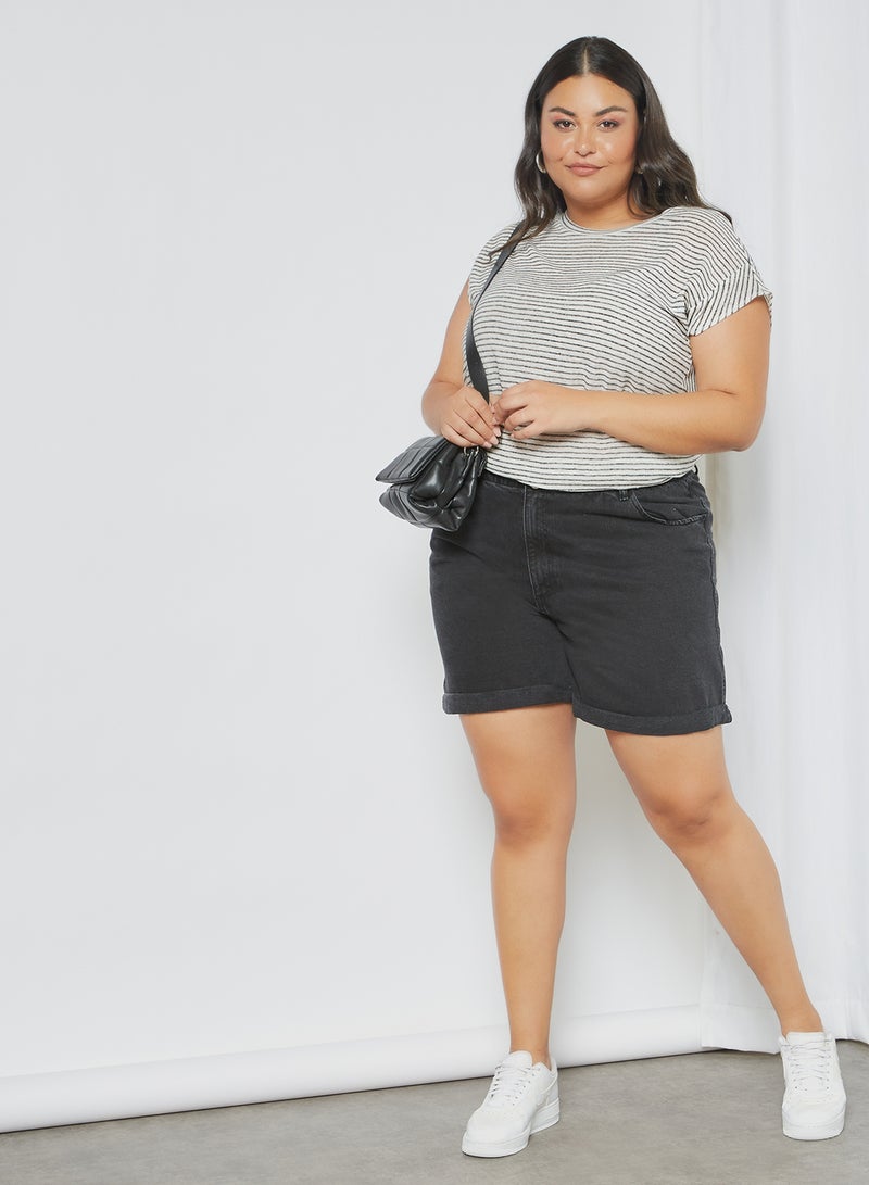Violeta By Mango - Striped Linen T-Shirt Black - Image 1