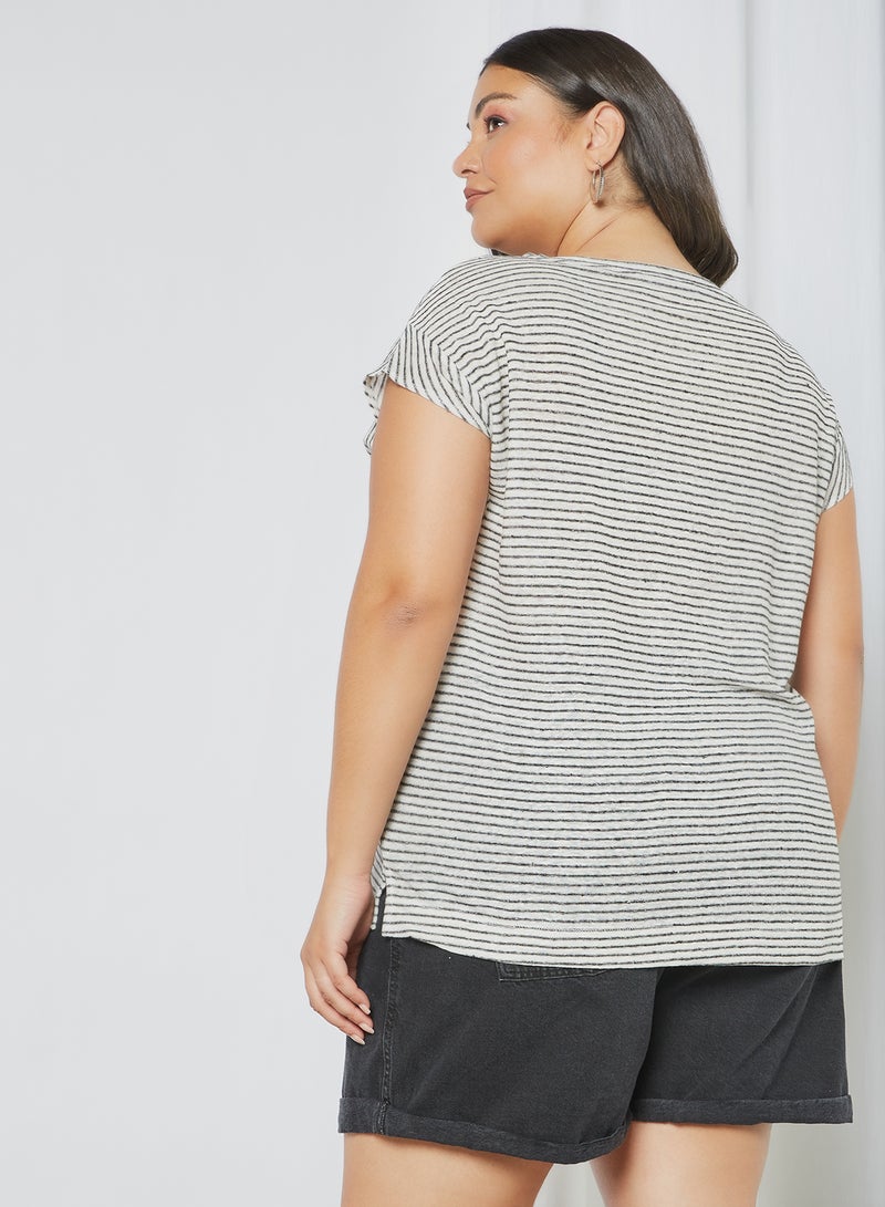 Violeta By Mango - Striped Linen T-Shirt Black - Image 1