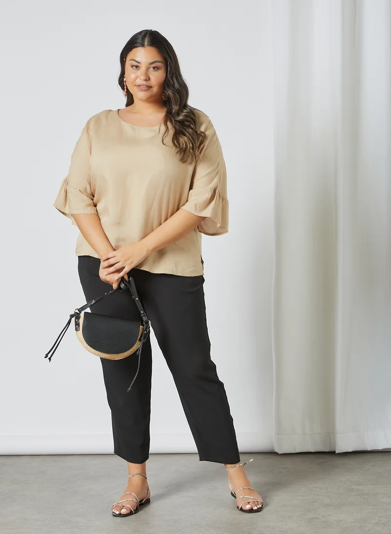 Violeta By Mango Plus Size Ruffle Detail Blouse Beige