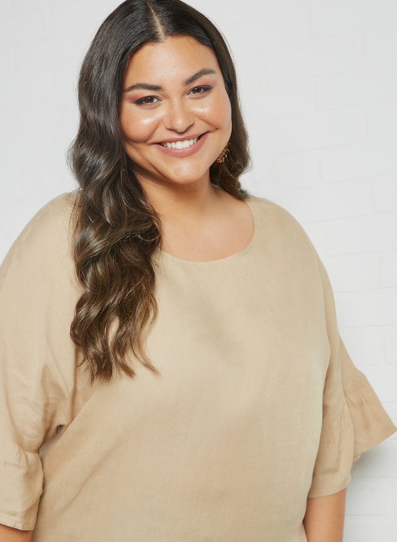 Violeta By Mango - Plus Size Ruffle Detail Blouse Beige - Image 1