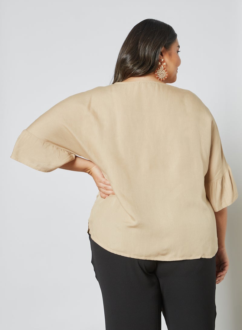 Violeta By Mango - Plus Size Ruffle Detail Blouse Beige - Image 1