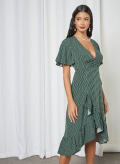 Spot Print Midi Wrap Dress Green
