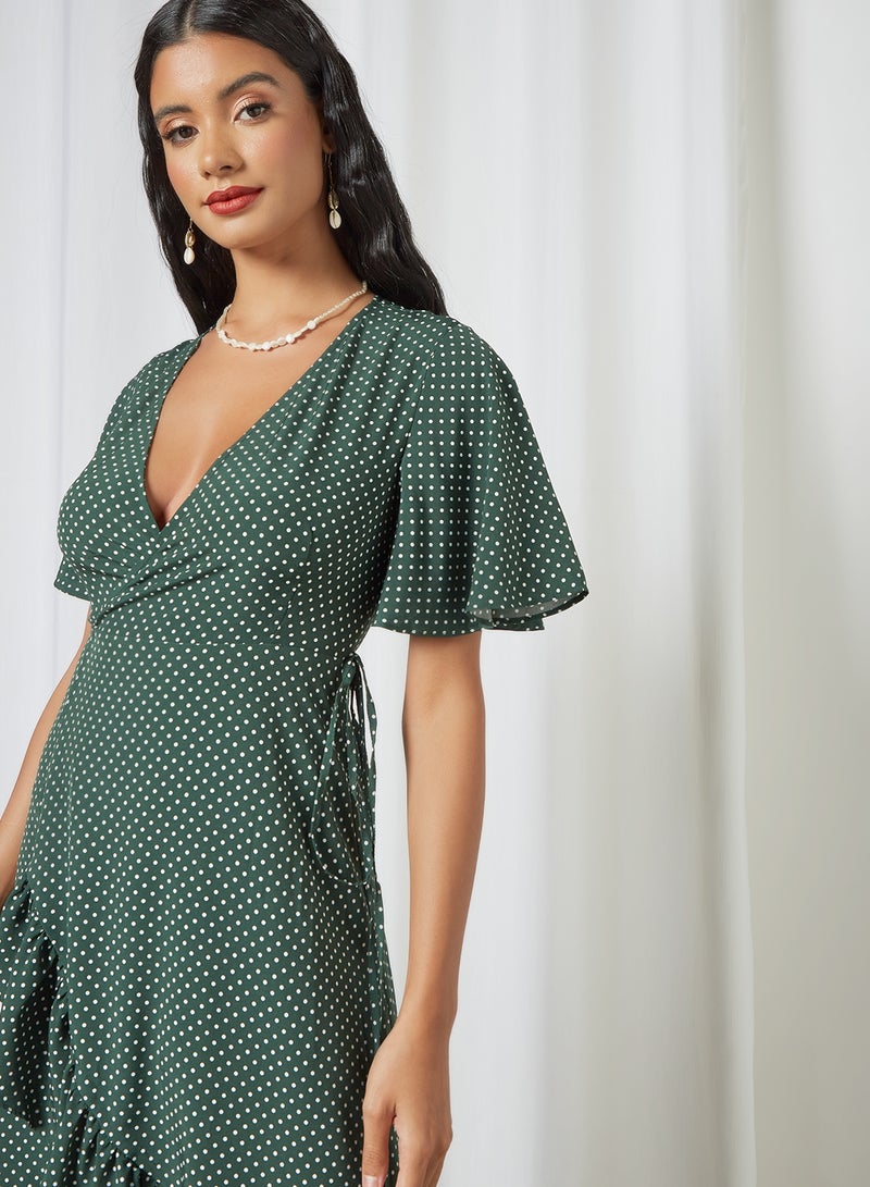 MELA LONDON - Spot Print Midi Wrap Dress Green - Image 1