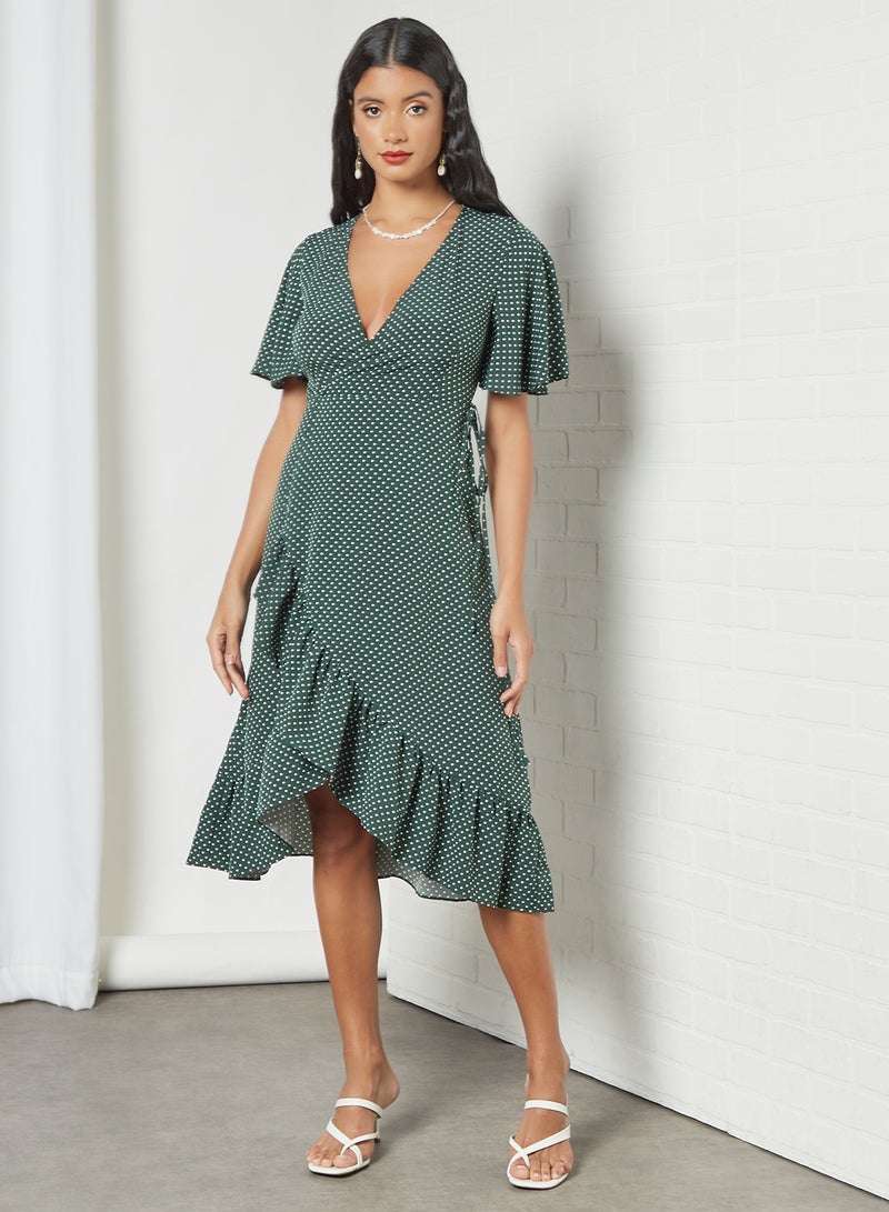 MELA LONDON - Spot Print Midi Wrap Dress Green - Image 1
