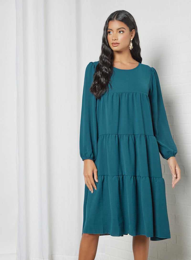 MELA LONDON Puff Sleeve Tiered Dress Teal - Image 1