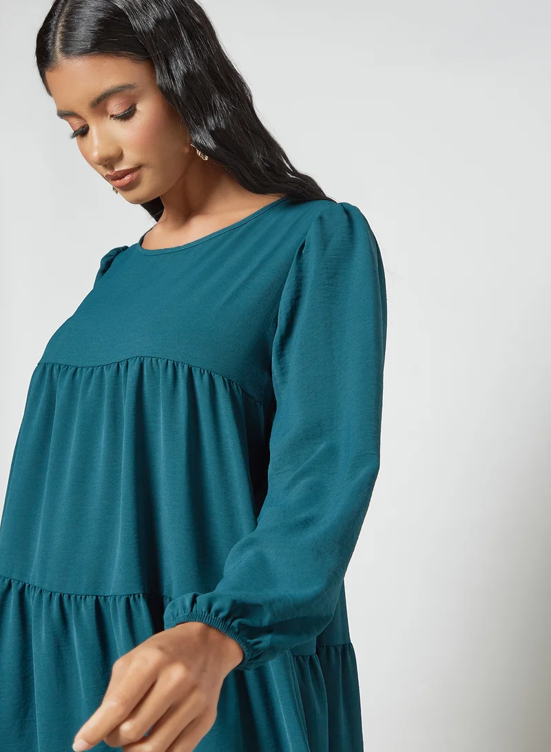 MELA LONDON Puff Sleeve Tiered Dress Teal