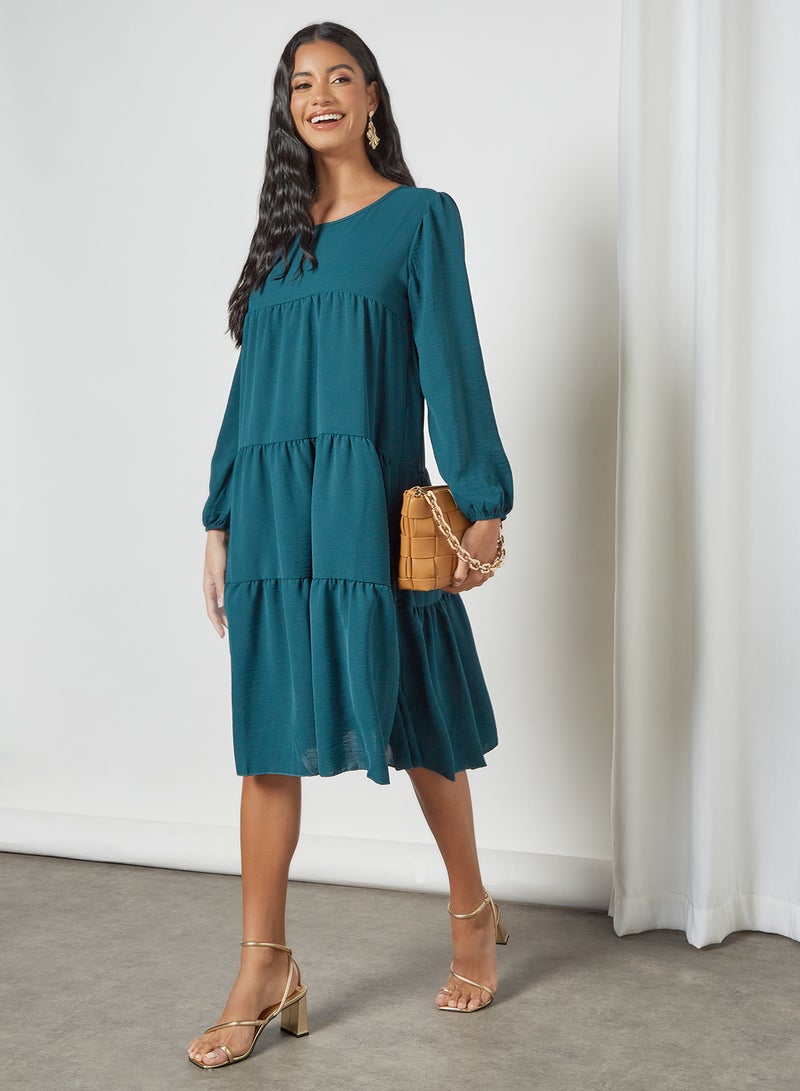 MELA LONDON Puff Sleeve Tiered Dress Teal - Image 3