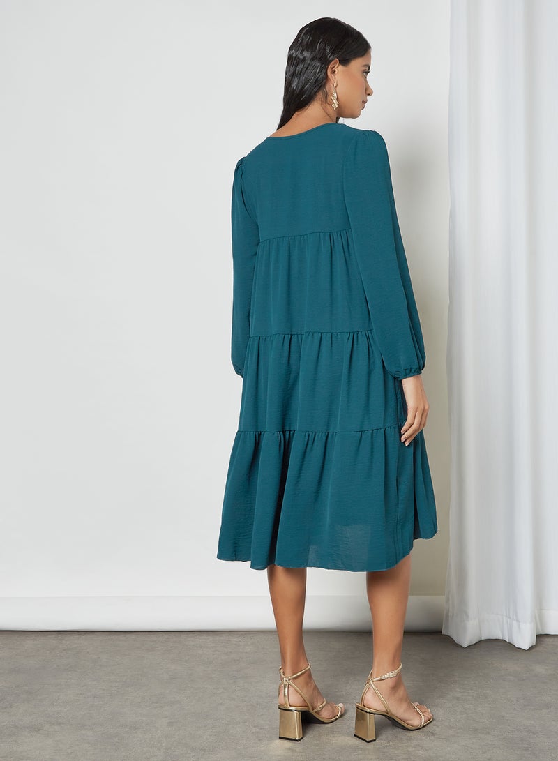 MELA LONDON Puff Sleeve Tiered Dress Teal - Image 4