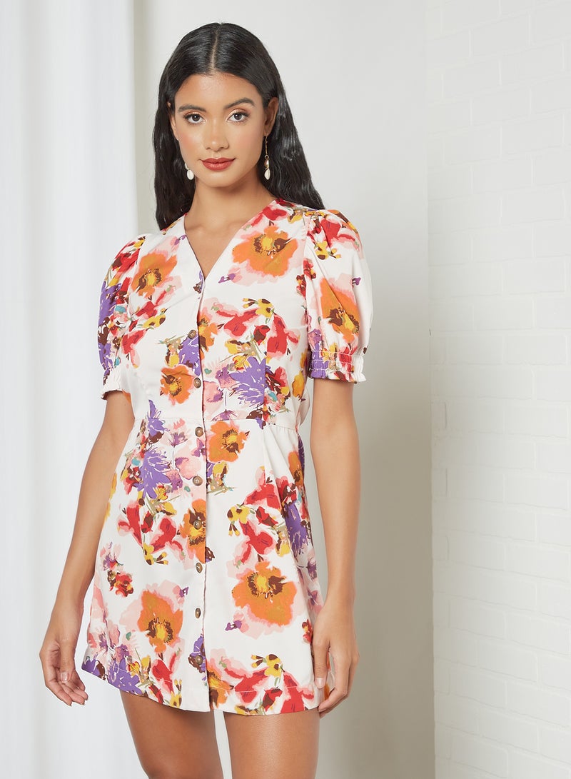 Basicxx - Floral Printed V-Neck Mini Dress Multicolour - Image 1