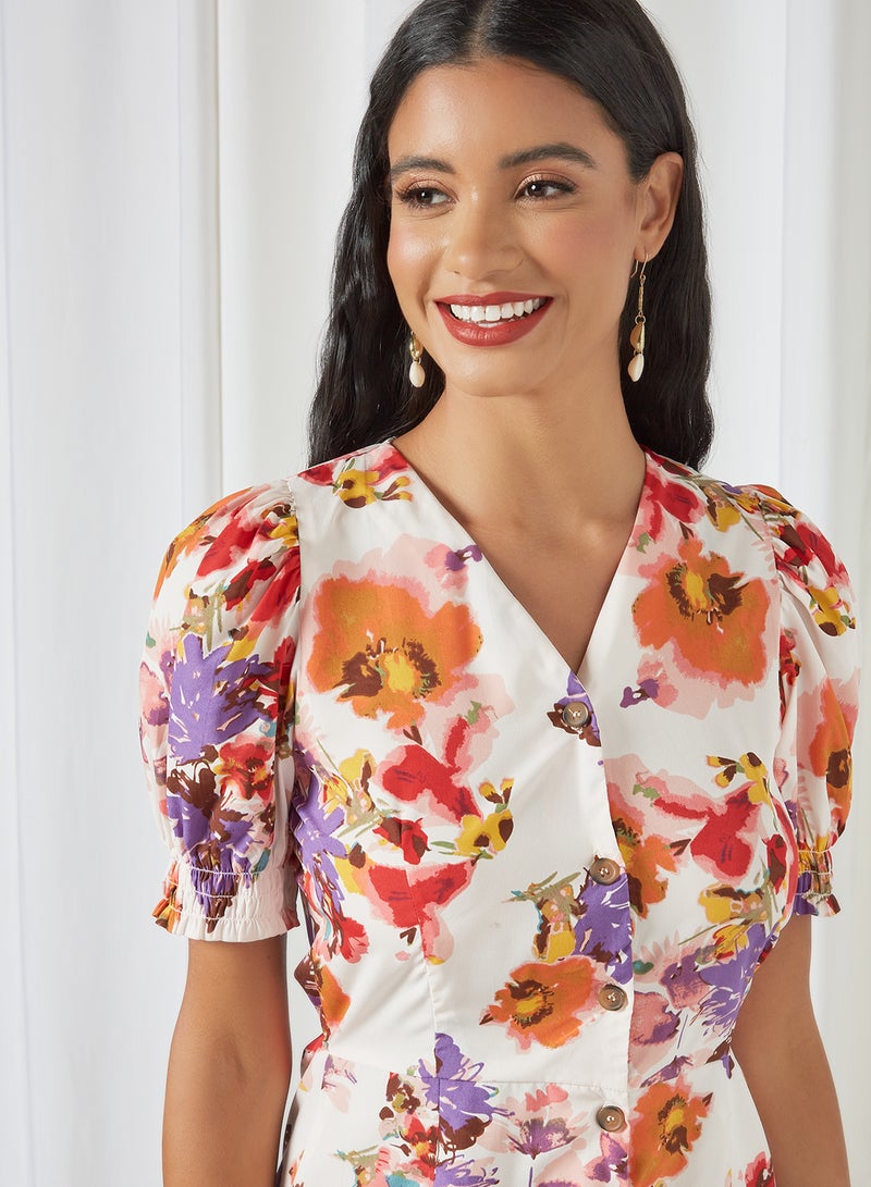 Basicxx - Floral Printed V-Neck Mini Dress Multicolour - Image 1
