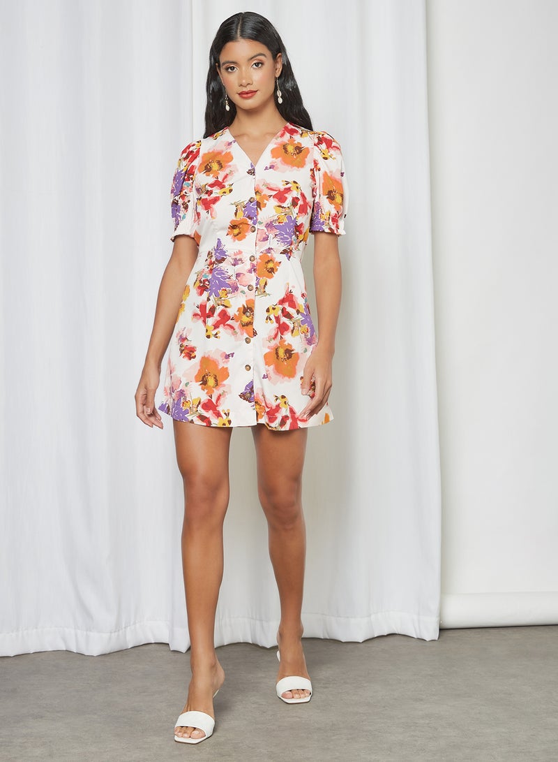 Basicxx - Floral Printed V-Neck Mini Dress Multicolour - Image 1