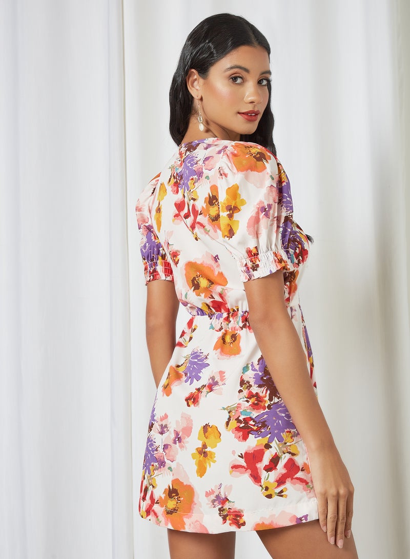 Basicxx - Floral Printed V-Neck Mini Dress Multicolour - Image 1