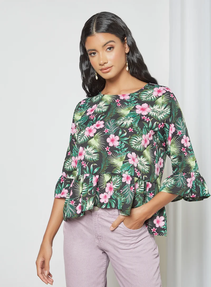DRIP Casual Floral Printed Round Neck Bell Sleeve Top Aop Black Print