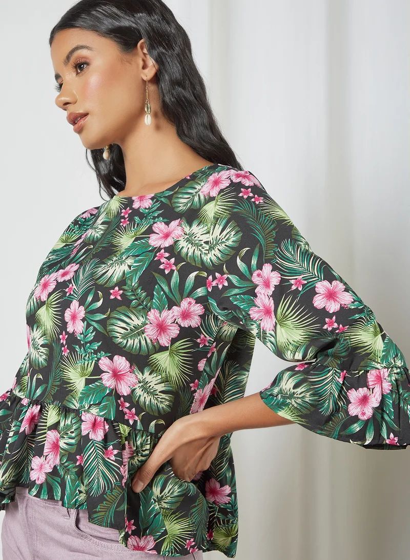 DRIP Casual Floral Printed Round Neck Bell Sleeve Top Aop Black Print