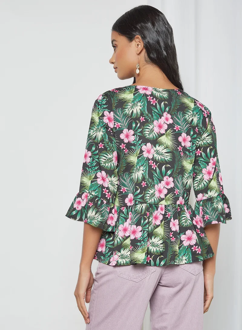 DRIP Casual Floral Printed Round Neck Bell Sleeve Top Aop Black Print