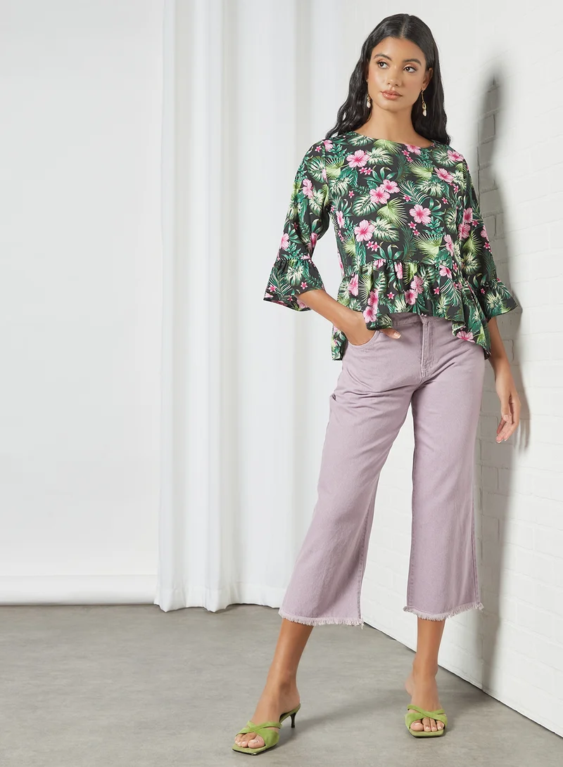 DRIP Casual Floral Printed Round Neck Bell Sleeve Top Aop Black Print