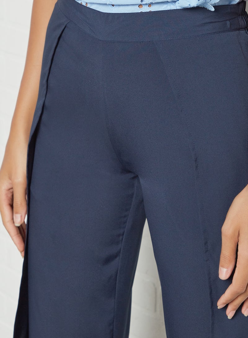 DRIP - Elastic Waisted Wrap Detail Plain High-Rise Regular Fit Pants Blue - Image 1