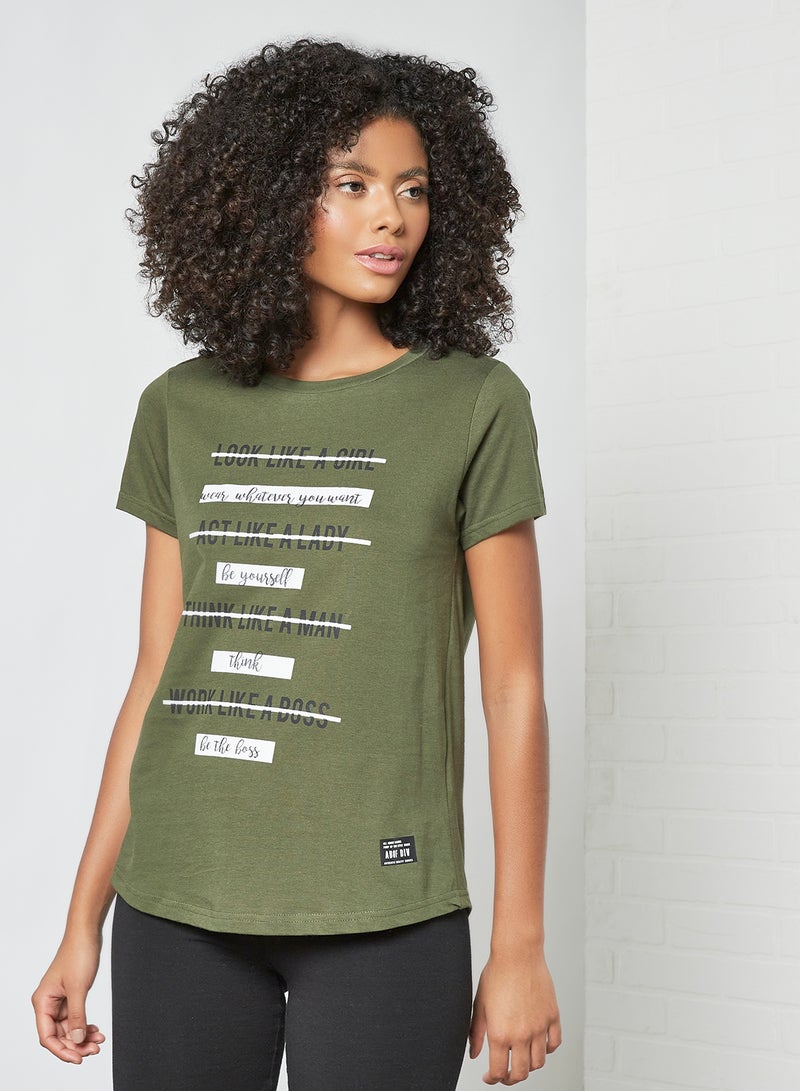 ABOF Slogan Printed Regular Fit Crew Neck T-Shirt Green  - Image 1
