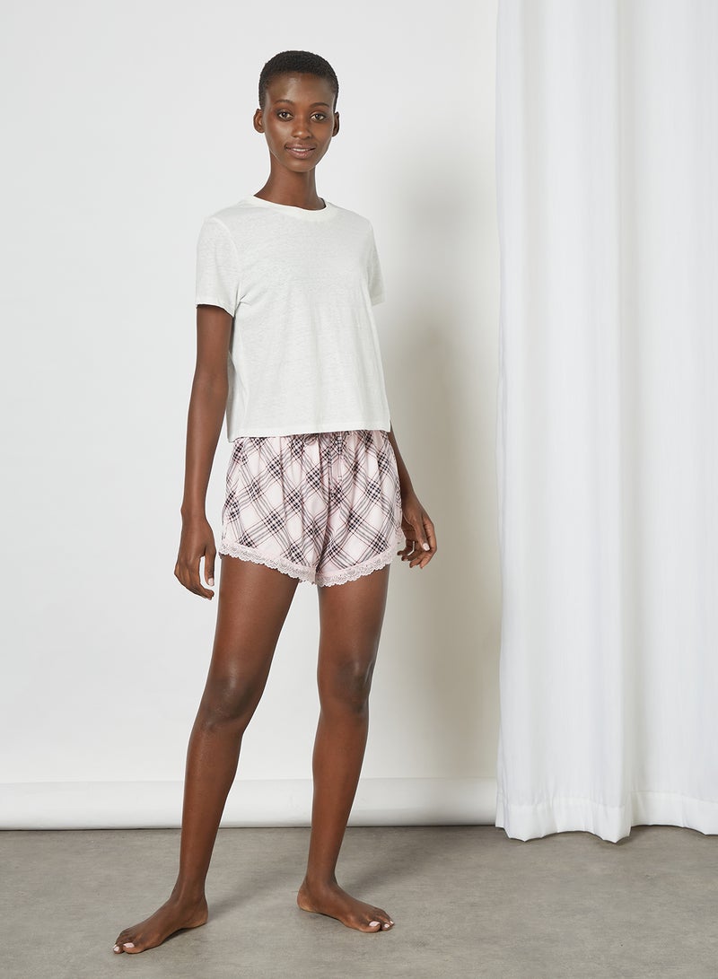 Ardene - Satin Pyjama Shorts. Smocked Elastic Waist With Drawstring. Lace Trims. Plaid Print Lightpink - Image 1