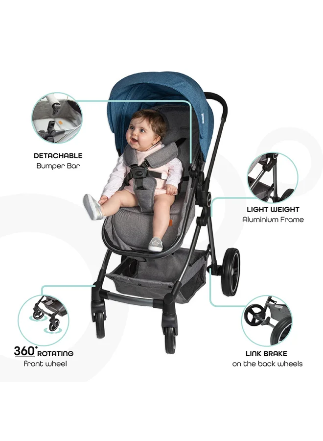 Moon Convertible 2-in-1 stroller with reversible seat and carrycot for 0–3Y (0–18kg). Lightweight, foldable, and travel-friendly. Cradle-style bassinet. Blue color.
