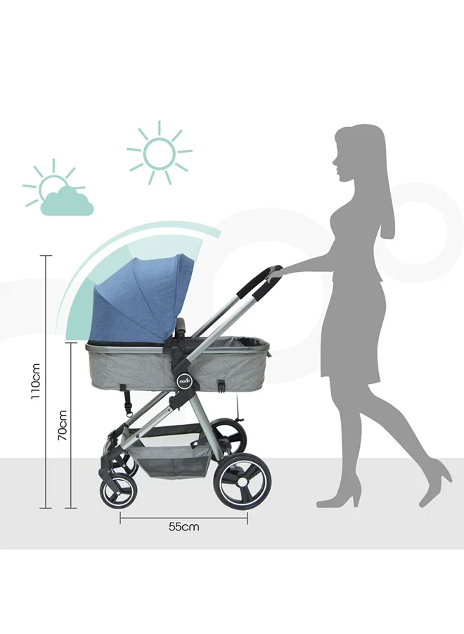 Moon Convertible 2-in-1 stroller with reversible seat and carrycot for 0–3Y (0–18kg). Lightweight, foldable, and travel-friendly. Cradle-style bassinet. Blue color.