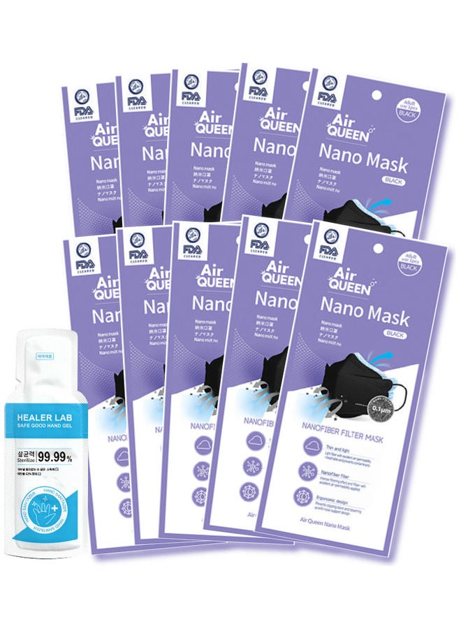Air QUEEN 10-Pack Nano Filter Face Mask With One Time Use Hand Sanitizer Black  - Image 1