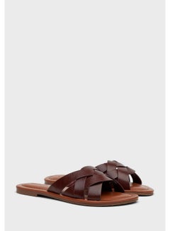 EEAZID Criss-Cross Wide Strap Flat Slide Brown  - Image 2