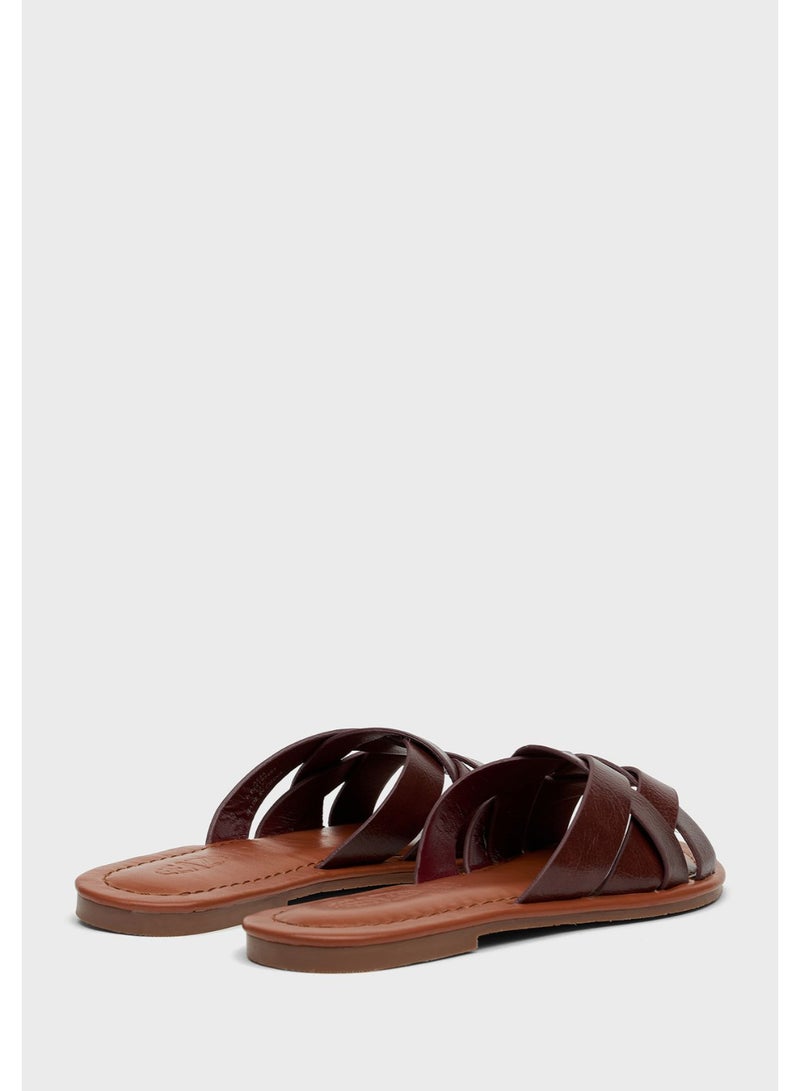 EEAZID Criss-Cross Wide Strap Flat Slide Brown  - Image 3