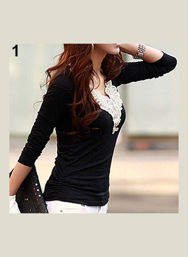 Women's Embroidery Lace Decoration Tops V Neck Long Sleeves Slim Cotton T-Shirt Black - Image 1