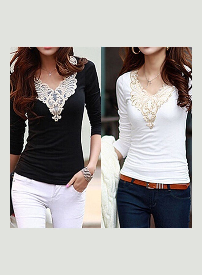 Women's Embroidery Lace Decoration Tops V Neck Long Sleeves Slim Cotton T-Shirt Black - Image 2