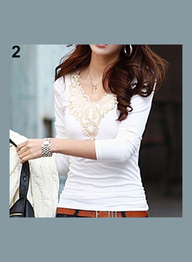 Women's Embroidery Lace Decoration Tops V Neck Long Sleeves Slim Cotton T-Shirt White  - Image 1