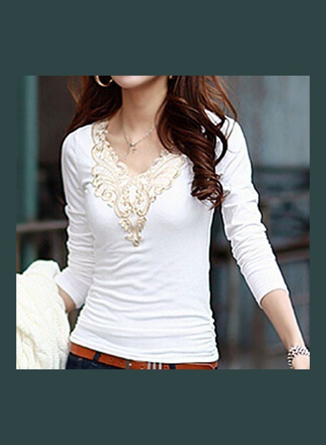 Women's Embroidery Lace Decoration Tops V Neck Long Sleeves Slim Cotton T-Shirt White  - Image 5