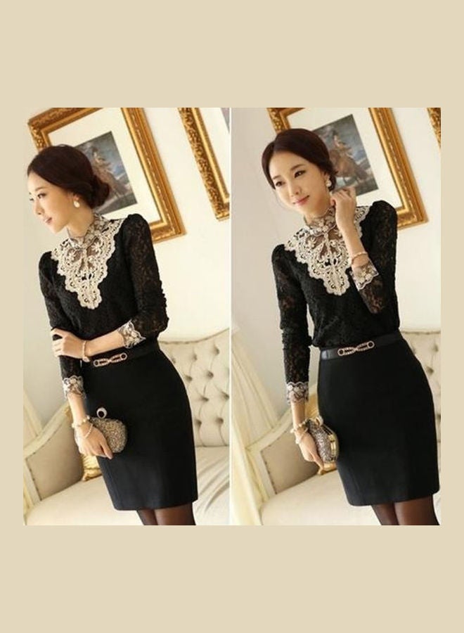 Women's Fashion Korean Style Elegant Rhinestone Inlaid Long Sleeve Lace Shirt Beige  - Image 3