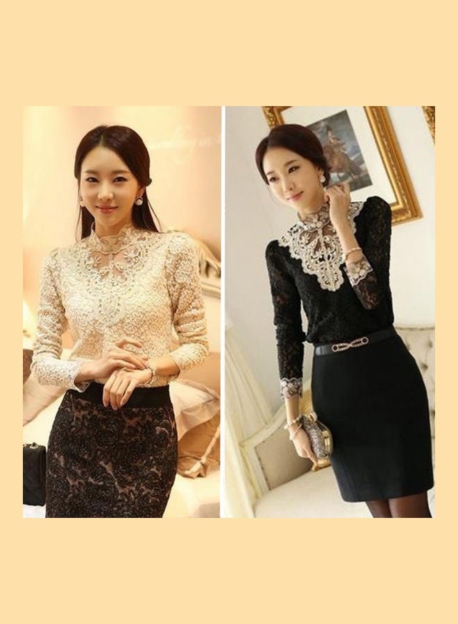 Women's Fashion Korean Style Elegant Rhinestone Inlaid Long Sleeve Lace Shirt Beige - Image 2