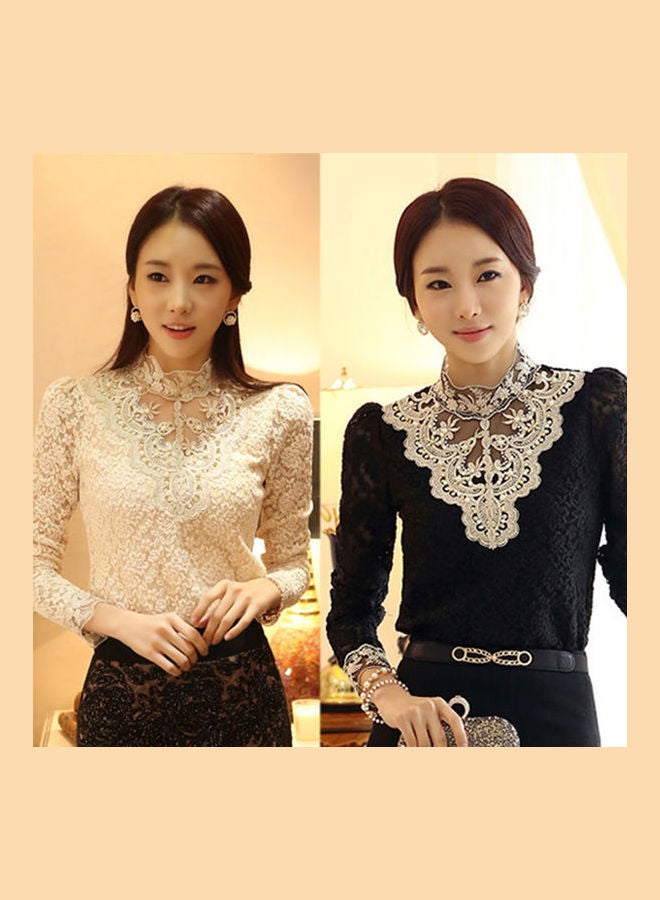 Women's Fashion Korean Style Elegant Rhinestone Inlaid Long Sleeve Lace Shirt Black  - Image 5