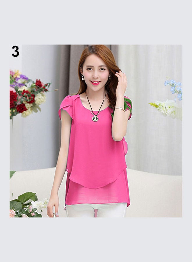 Women's Fashion Summer Short Sleeve Loose Chiffon T-shirt Round Neck Tops Blouse Rose-Red  - Image 1