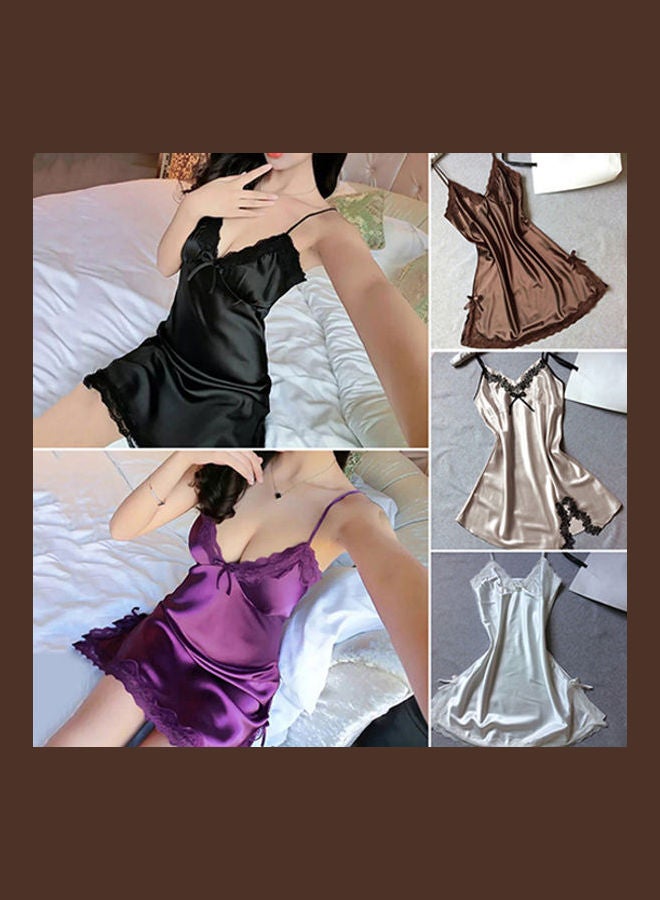 فستان بيبي دول للنساء من نسيج جيد التهوية برقبة على شكل حرف V، ورباط بتصميم فيونكة، زي نوم ليلي أسود/أبيض - Image 3