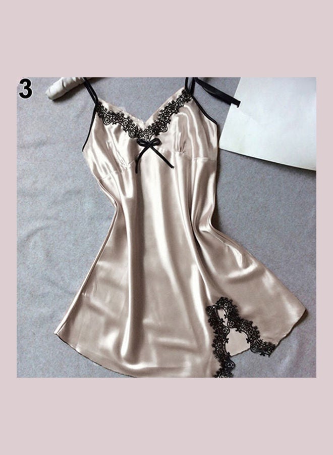 Women Breathable V-Neck Noble Bowknot Sleepwear Nightwear Lace Babydoll Dress Champagne - Image 1