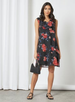 OFFROAD Floral Print Short Sleeve Dress AOP Black  - Image 1