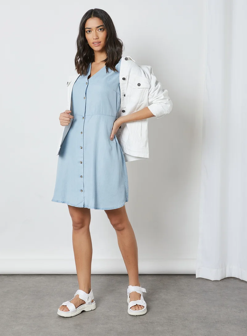 PIECES V-Neck Mini Dress Light Blue Denim