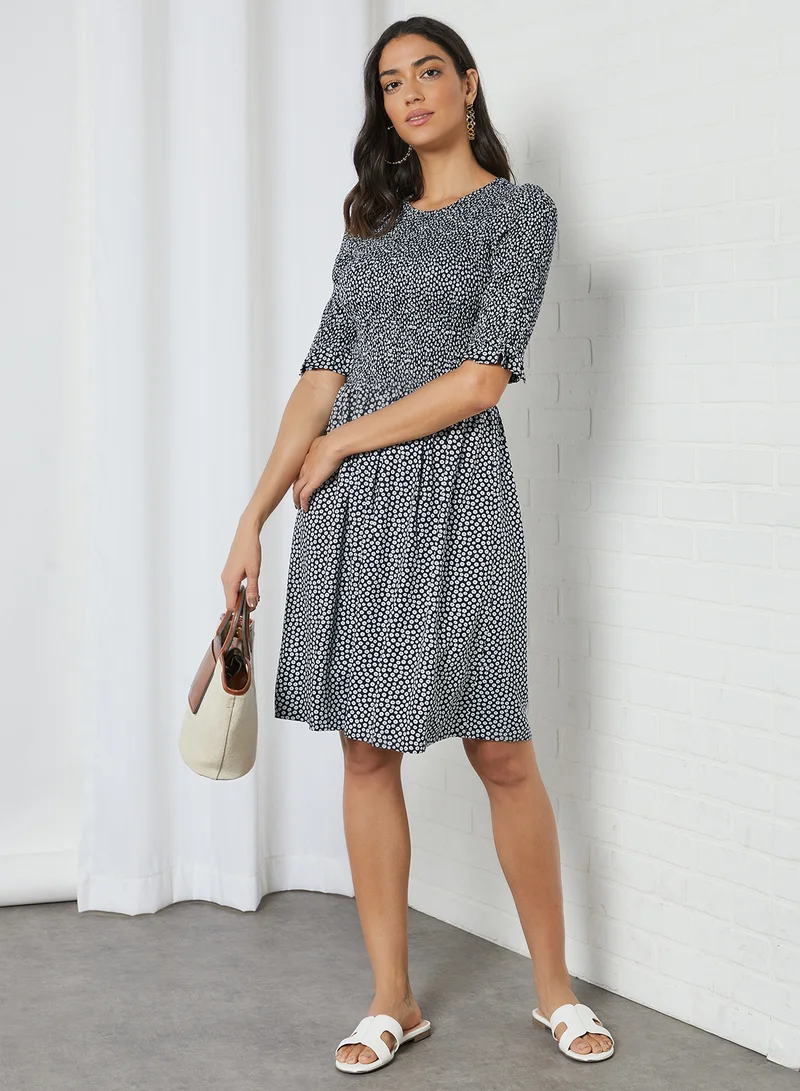 PIECES Smocked Floral Midi Dress Sky Captain