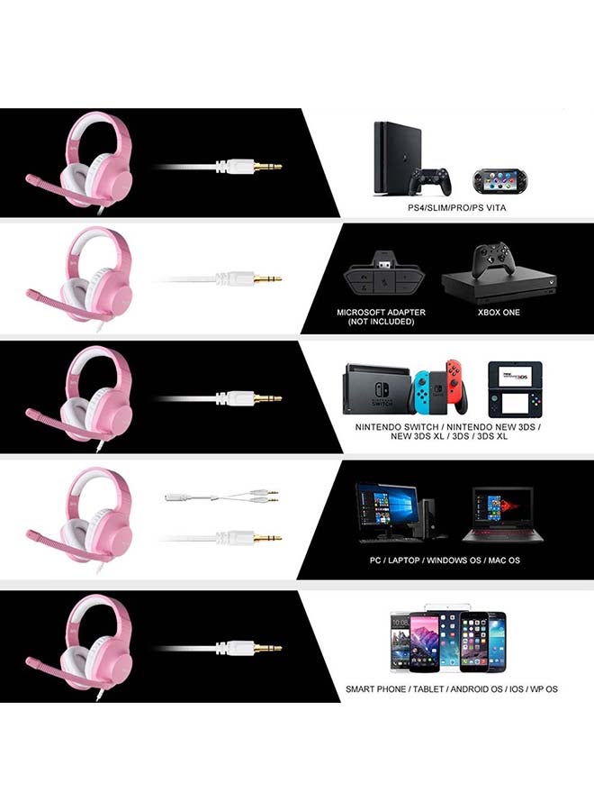Wired Gaming Headset Over-Ear Headphones With Mic Volume Control, Noise Canceling For PC, MAC, PS4, Xbox ,-SA-721-Pink