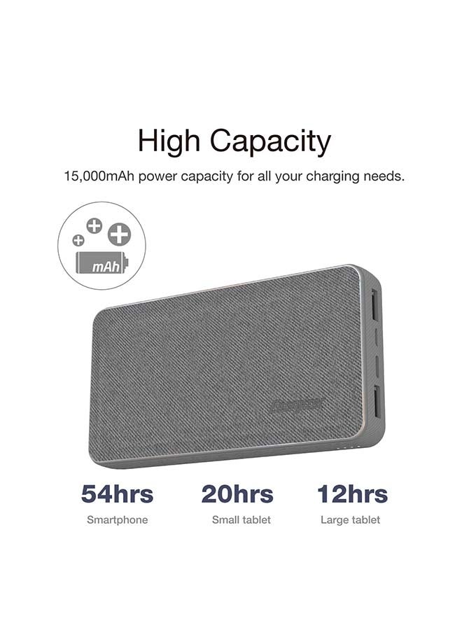 15000.0 mAh Max 2.1A Rapid Charging Premium Fabric Finish Power Bank With Dual Outputs And Type-C,Micro USB Inputs, PowerSafe Management Grey