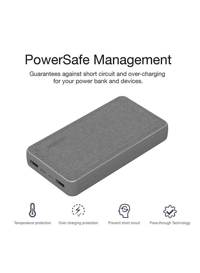 15000.0 mAh Max 2.1A Rapid Charging Premium Fabric Finish Power Bank With Dual Outputs And Type-C,Micro USB Inputs, PowerSafe Management Grey