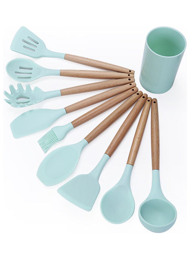 12-Piece Barreled Cooking Utensils Set With Wooden Handle Mint Green 36.5x12x10cm - Image 2